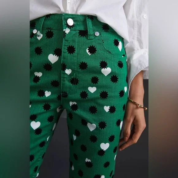 Anthropologie Maeve The Cigarette Slim Heart Printed Jeans Green Size 30 - Picture 2 of 8